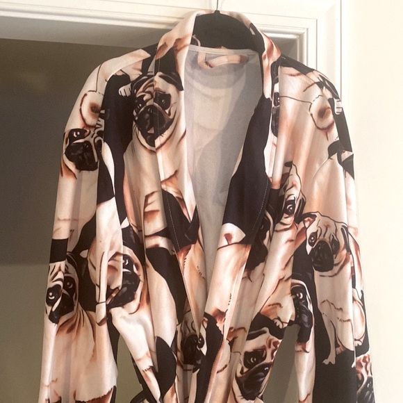 PUG Print Adorable Long Adult Comfy Bath Robe with Belt & Front Pockets Sz OS - Picture 1 of 14